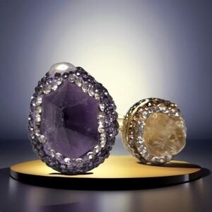 18k Gold Plated Genuine Raw Amethyst Citrine Candy Crystal Statement Ring